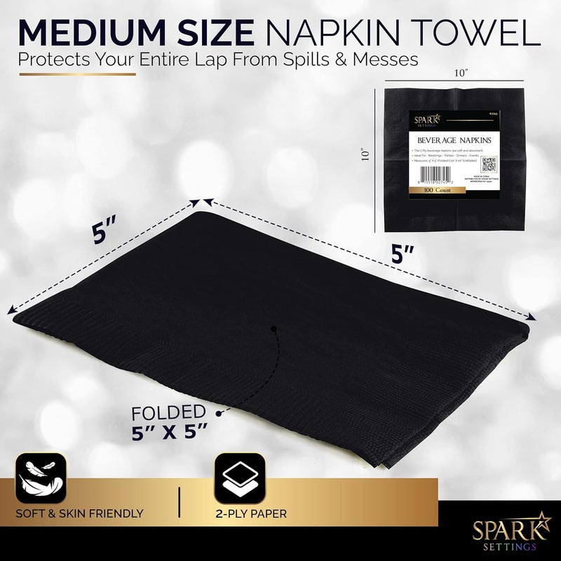 Amcrate 100 Pack Black Beverage Napkins, Big Party Pack, 2 Ply, Ideal for Wedding, Party, Birthday, Dinner, Lunch, Cocktails. (5” x 5”) by - Image 2